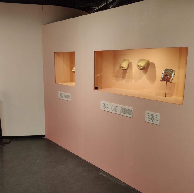Vitrines d'exposition encastrées sur cimaise rose présentant masques et objets ethnographiques