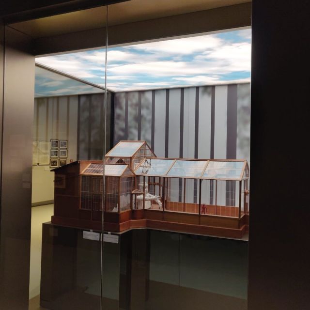 Vitrine d'une maquette architecturale de serre avec décor de ciel en fond