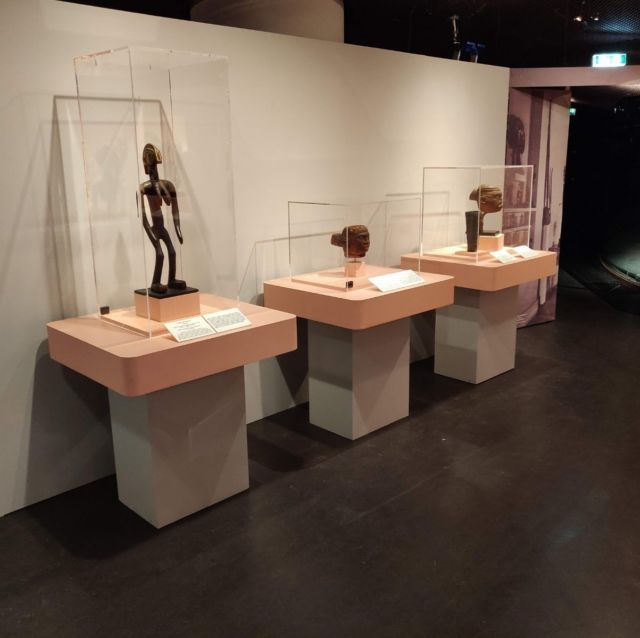 Trois vitrines sur socles roses présentant des figures sculptées d'art africain
